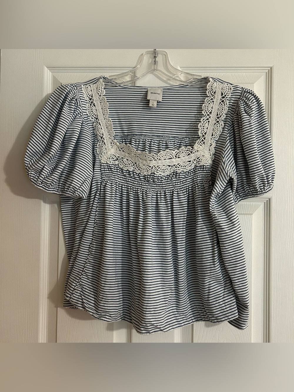 Maeve Blue & White Striped Lace-Trim Square Neck Top